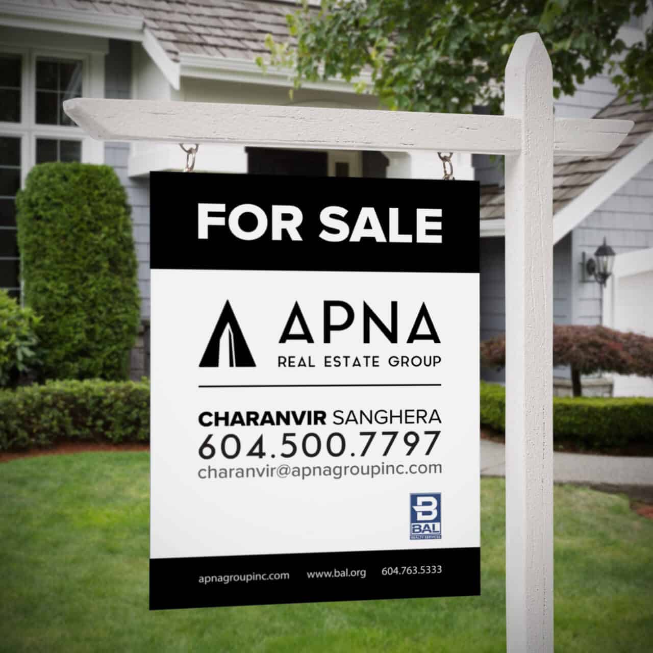 vertical house for sale sign design for APNA Real Estate Group