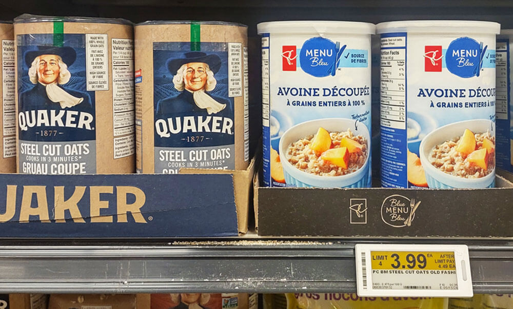product-competition Superstore oatmeal displayed beside Quaker Oatmeal